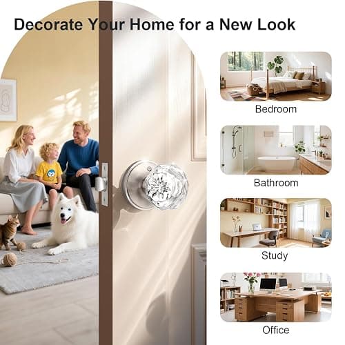 KNOBWELL Privacy Glass Door Knob for Bedroom and Bathroom, Vintage Clear Crystal Door Knobs with Lock, Crystal Interior Door Knobs with Victorian Plate Rosette, Satin Nickel, 2 Pack thumbnail 6