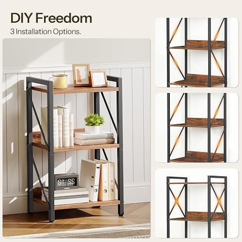 HOOBRO Bookshelf, 3-Tier Industrial Bookcase, Book Shelf Storage Organizer, Small Bookshelf with Metal Frame for Living Room, Bedroom, Home Office, Kitchen, Rustic Brown and Black BF71SJ01 thumbnail 7