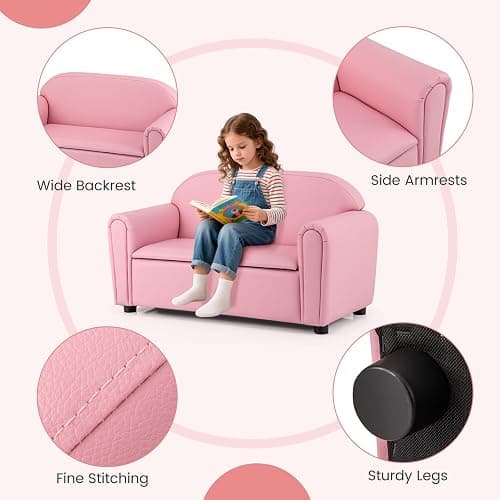Costzon Kids Couch, 2 in 1 Double Seat Children's Sofa w/Under Seat Storage, PU Leather Surface, Toddler Armrest Chair, Kids Room, Soft Children Pink Sofa with Storage for Preschool Baby Girls Gifts thumbnail 9