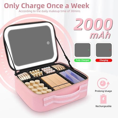 RRtide Makeup Bag with Mirror of LED Lighted, Travel Makeup Train Case Cosmetic Bag Organizer with Mirror and Lights, Make up Bag with Light up Mirror Adjustable Divider Brush Board thumbnail 5