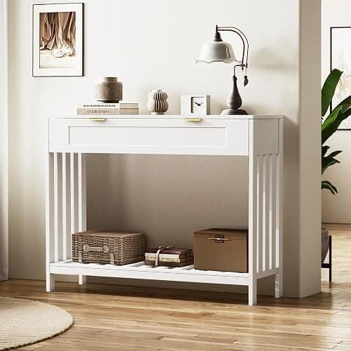 Entryway Table with Drawers Narrow Accent Sofa Table with Storage Shelf, Modern Wooden Console with Drawer Entry Table Storage Slats Shelf for Living Room,Entryway, Foyer, Hallway, White thumbnail 9