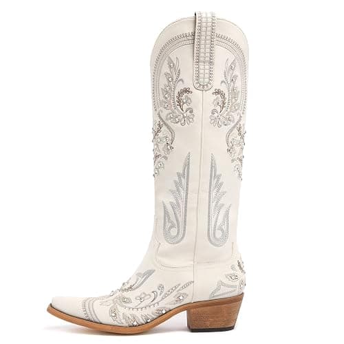 Western Cowboy Boots for Women Embroidered Rhinestones Knee High Cowgirl Boots Pointed Toe Chunky Heel Fashion Retro Classic Tall Boot - 8 - Cream thumbnail 2