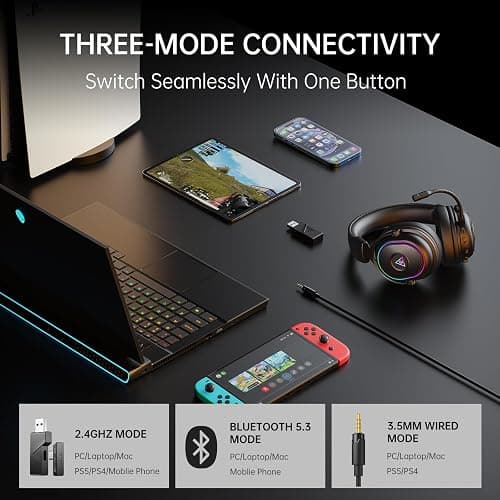 EKSA 2.4GHz Wireless Gaming Headset for PS5,PC,PS4,Switch,Mobile,Mac, Bluetooth Gaming Headphones with Microphone, RGB, 30ms Latency, 50H Battery, USB & Type-C Ultra, Wired Gaming Headset for Computer thumbnail 2