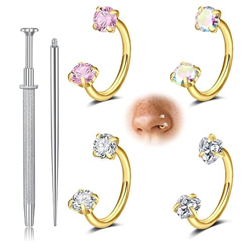 Longita 20g 18g Horseshoe Nose Ring for Women Double Gem Horse Shoe Nose Ring Hoop Surgical Steel Silver Gold Cartilage Helix Tragus Earring Hoops Labret Lip Piercing Jewelry Small Septum Rings 16g - Image 1