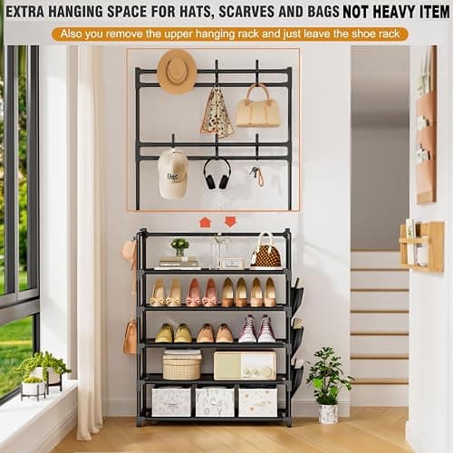 OYREL Shoe Rack 5 Tier Shoe Organizer Storage 15-20 Pairs Shoes Rack for Closet Entrance Shoe Rack Organizer with Hooks and Side Pocket Entryway Shoe Holder Space Saving Free Standing Shoe Racks thumbnail 4