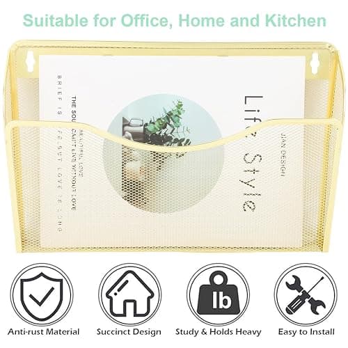 EASEPRES 3 Single Pocket Mesh Hanging File Organizer, Vertical Wall Mounted Magazine File Holder, Mount Basket Mail Paper Document Folder Organizing for Office, Home and School, Gold thumbnail 5