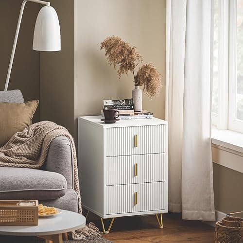 SoBuy Bedside Table 40cm Wide with 3 Drawers & Elegant Gold Handles Bedroom | Wooden metal nightstand with anti-tip device & protective foot pads, modern gold white design, 40x40x63.5 cm, FBT115-L-W thumbnail 2
