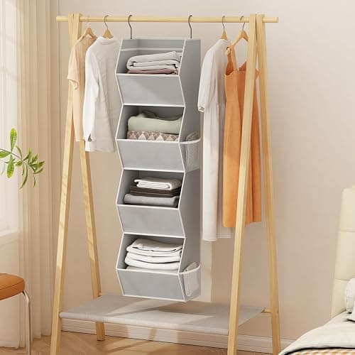 Hanging Closet Organizer 4 Shelf Collapsible Bedroom Closet Organizers and Storage Hanging with Mesh Pockets for Clothes, Fabric Hanging Storage Bins for Wardrobe Closet Organization and Storage, Grey thumbnail 2