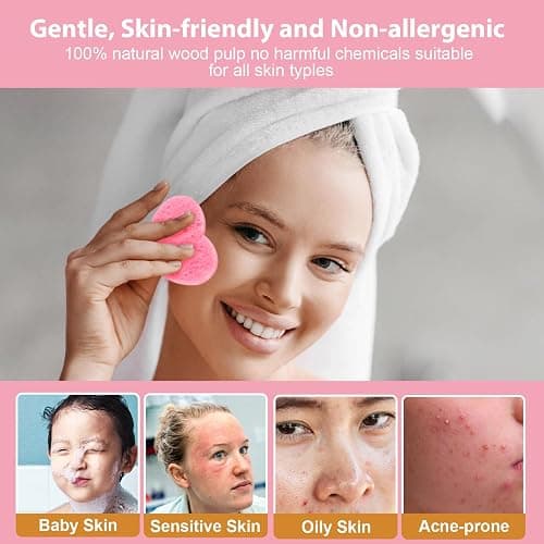60-Count Compressed Facial Sponges with Container, Heart Shape Compressed Face Sponge, 100% Natural Sponge Pads for Face Cleansing, Massage, Pore Exfoliating Mask, Makeup Removal (Pink) thumbnail 4