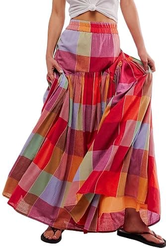Women's Multicolour Plaid Print Ruched High Waist Casual Maxi Skirt - Image 1