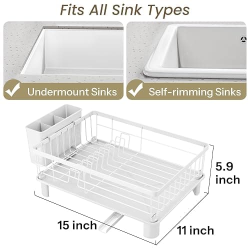 SNTD Dish Drying Rack - Small Dish Rack for Kitchen Counter, Stainless Steel Dish Drainer with Utensil Holder and Drainboard, 11" W x 15" L (White) thumbnail 2