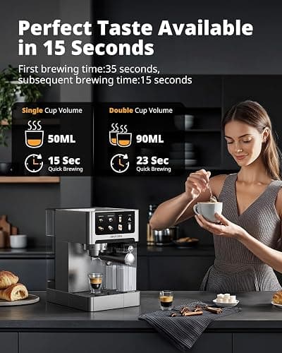 AIRMSEN 20 Bar Espresso Machine with Automatic Milk Frother, Cappuccino & Latte Coffee Maker with Quick Brew Dual Boiler (1350W + 1000W), Stainless Steel, 60oz Water Tank, Touchscreen thumbnail 4