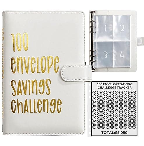 100 Envelopes Money Saving Challenge, 100 Envelope Challenge Binder, Easy and Fun Way to Save $5,050, Savings Challenges Budget Book Binder with Cash Envelopes for Office,Home,School (White) - Image 1