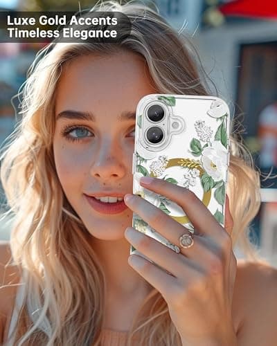 SCORPIFY for iPhone 16 Case [Compatible with MagSafe] with White Rose Floral Design, Cute Clear Flower Magnetic Phone Cover for Women Girls, [Non Yellowing] Slim Bumper with Gold Accents thumbnail 6