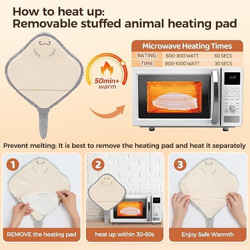 Mewaii Stingray Microwavable Unscented 1.6lbs Volcanic Rock Heating Pad 50-Minute Lasting Warmth Perfect Fit Heatable Stuffed Animals Plush for Period Cramps Menstruation Gifts for Girls Women thumbnail 5