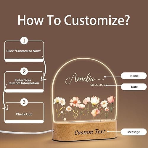 7GEEFT Personalized Baby Gifts for Kids, Custom Baby Shower Birthday Newborn Gifts for Toddler Girls, Custom Flower Acrylic Plaque with Name Night Light for Girl's Room Nursery Bedroom Decor thumbnail 5