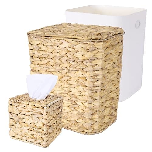 ARQRHTLY Wicker Trash Can and Handwoven Tissue Box Cover Set Rattan Waste Basket with Lid and Liner Boho Decorative Water Hyacinth Square Napkin Box Holder for Bathroom Bedroom Kitchen Living Room - Image 1