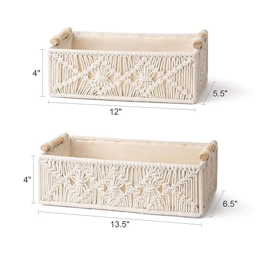 Mkono Macrame Storage Baskets Boho Decor Box Handmade Woven Decorative Countertop Toilet Tank Shelf Cabinet Organizer for Bedroom Livingroom Home, Set of 2, Ivory - Ivory thumbnail 6