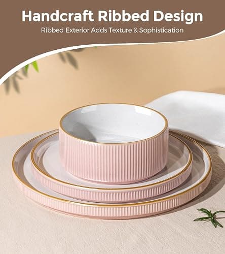 GBHOME Stoneware Dinnerware Sets for 4, 12 Pieces Plates and Bowls Set | Lightweight Ceramic Ribbed Dishes, Reactive Glaze Stackable Plate Set, Scratch Resistant, Microwave & Dishwasher Safe, Pink thumbnail 4