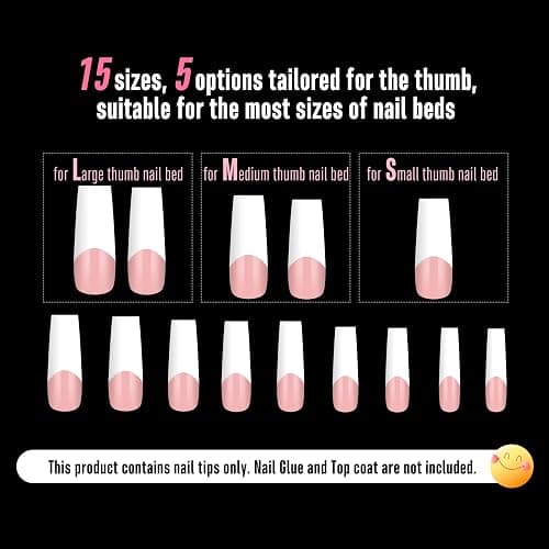 NOVO OVO Old School Wide White French Tip Nail Tips Press on, Long Tapered Square BABY PINK, Extra Thick Soft Gel Fake Acrylic Extension, Need Builder Gel Top Coat & Glue, 15 Sizes 240 pcs thumbnail 7