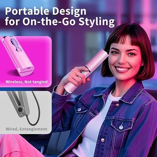 Madodioss Mini Cordless Hair Straightener and Curler 2 in 1 with Dual Voltage for Travel, Small Titanium Flat Iron for Short Hair, Portable, USB-C Rechargeable, Fast Heating, 5000mAh Battery, 3 Temp Settings (Shocking Pink) thumbnail 2