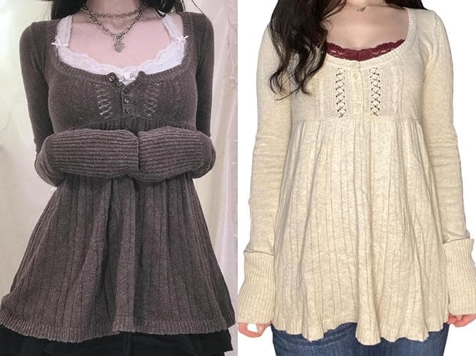 Tsultryofs Y2K Fairy Grunge Knit Long Sleeve Tunic Tops Low Cut Peplum Babydoll Blouse Button Down Harajuku 90s Sweater thumbnail 5