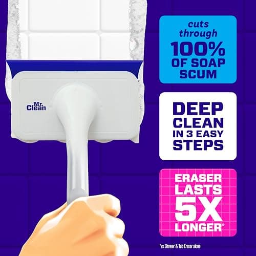 Mr. Clean Magic Eraser Shower & Tub Scrubber, Bathroom Cleaner, All in One Bathroom Cleaner, Lemon Starter Kit, 1 Scrubber & 2 Foaming Magic Erasers thumbnail 3