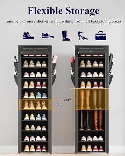 Kitsure Shoe Rack - 10-Tier Large Capacity Shoe Organizer Shelf with Dust Cover & Side Pockets, Rust-Proof Metal Shoe Rack for Closet, Entrance, Living Room, 17.5" x 12.4" x 69.3", Black thumbnail 4