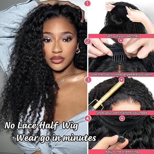 XSY Half Wig Human Hair Deep Wave 20 Inch Curly Human Hair Half Wig Drawstring Glueless Wear Go Half Wigs for Black Women 3 In 1 Seamles Flip Over Beginner Friendly 180% Density Natural Black Colour thumbnail 5