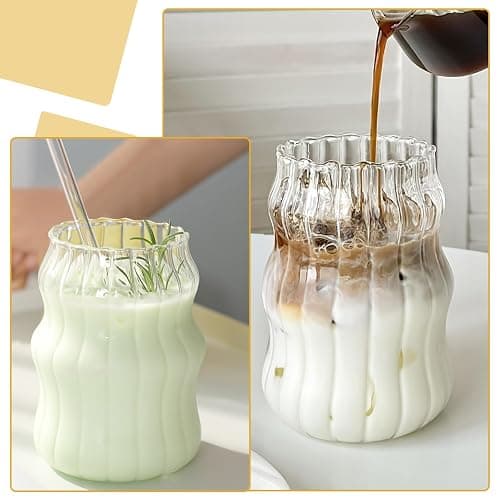 2Pcs 530ML Glass Mugs with Straws - Clear Iced Coffee Cup Matcha Ribbed Wavy Glass Cups Matcha Glasses with Straws Brush & Cup Brush for Ice Coffee Juice Drink Milk Tea Cocktail Wedding Birthday Gift thumbnail 7