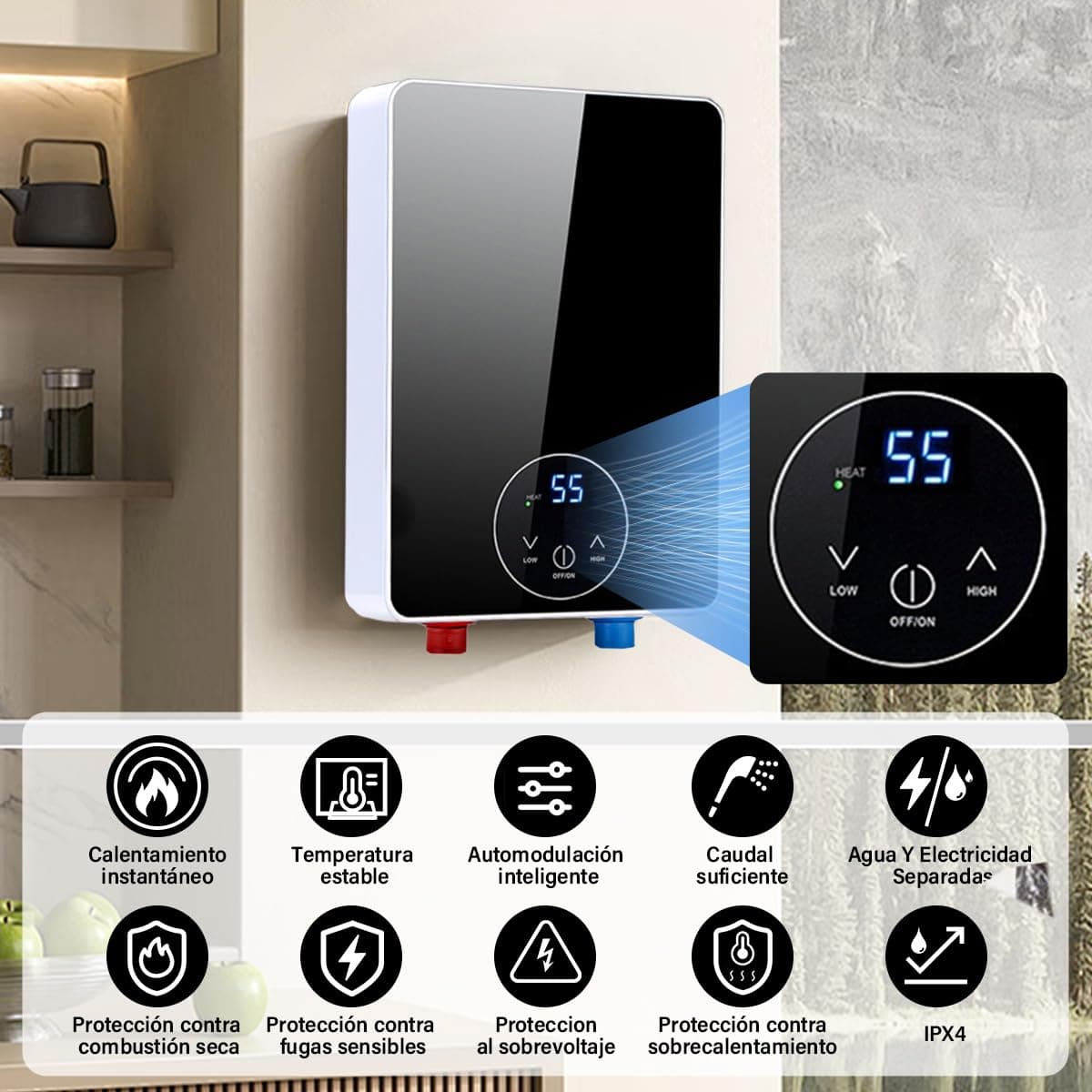 Calentador de Agua Electrico, Calentador de Agua Instantáneo con Rociador de Ducha, Temperatura Ajustable, Boiler Electrico para Hogar Agua Caliente, Calentador de Paso sin Tanque para Cocina Baño thumbnail 2