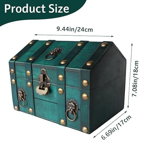 Vintage Wooden Treasure Chest, Jewelry Storage Box with Lock, Classical Storage and Decorative Box, Large Capacity Vintage Decorative Box, Jewelry Storing Storage Organizer for Home Decoration,Green thumbnail 3