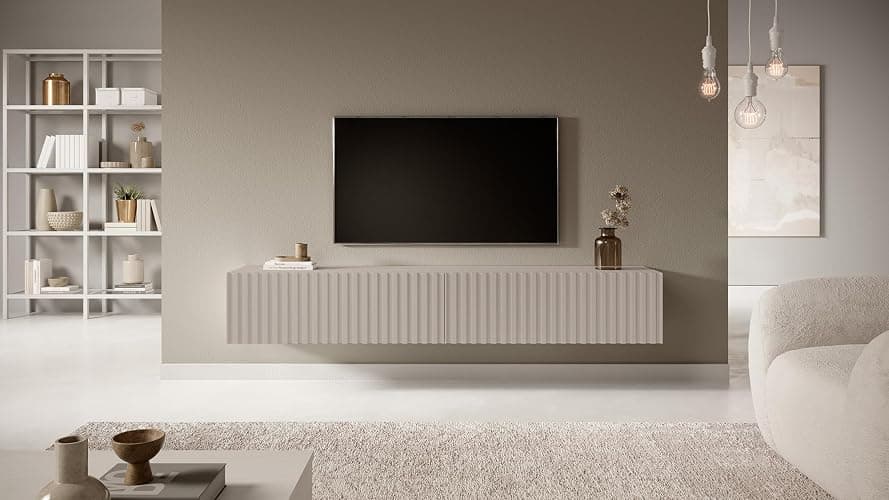 Selsey TV Schrank Board Sideboard Fernsehtisch Fernsehschrank 175 cm Hängend Graubeige Mit Lamellierter Front Telire - 175 - Graubeige thumbnail 2