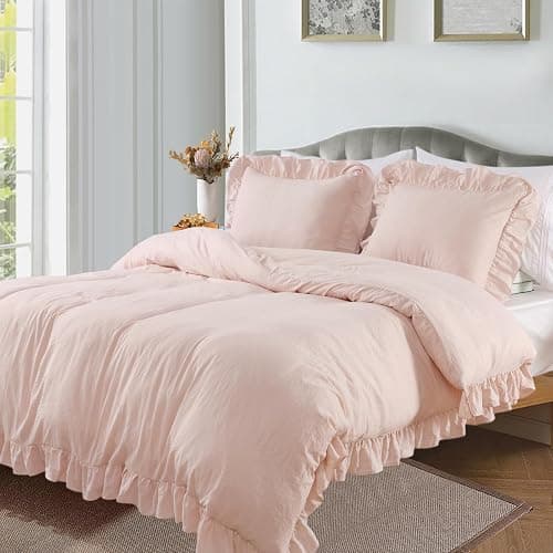 Joankaren Queen Size Ruffled Microfiber Duvet Cover Set – Soft, Breathable, Washed Microfiber with Button Closure, 3-Piece Bedding Set (1 Duvet Cover 90"x90", 2 Pillowcases), Pink thumbnail 2