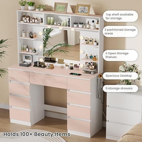 Vanity Desk with Mirror and Lights,43" Makeup Vanity Table with 9 Drawers and 7 Storage Shelves, Power Outlet & Adjustable LED Lights, Dressing Table for Bedroom，White thumbnail 4