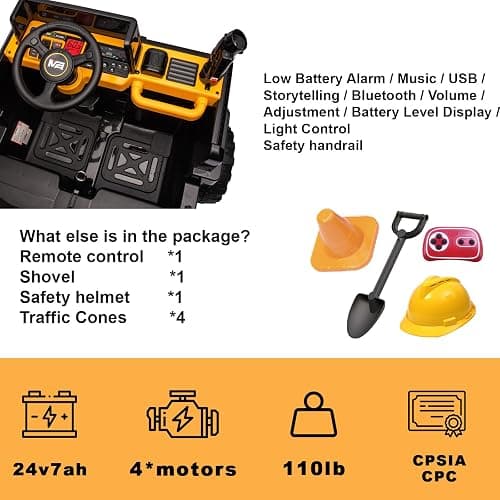 Kidsera 24V Ride On Dump Truck, 24inch-2 Seater Ride On Car for Kids w/Remote Control 4WD/2WD Up to 5 Mph, 24v Ride on Toys for Big Kids w/Electric Dump Bed Extra Shovel Traffic Cones (Yellow) thumbnail 5