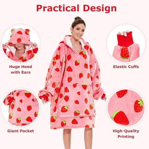 THREE POODLE Wearable Blanket Hoodie for Women, Oversized Sherpa Sweatshirt Blanket for Adults Men, Cozy Strawberry Hooded Blankets, Gifts for Teen Girls Women Mom Sister thumbnail 5