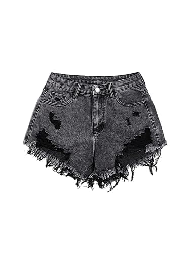 SOLY HUX Women's Ripped Raw Hem Jean Shorts High Waisted Straight Leg Denim Shorts Streetwear - Large - Solid Black