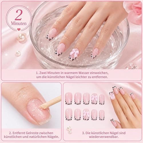 96 Stück Künstliche Fingernägel zum Aufkleben aus Buntem Kunststoff, Full Cover Press On Nails mit Schleifenmotiv, Wiederverwendbar für Frauen und Mädchen thumbnail 6
