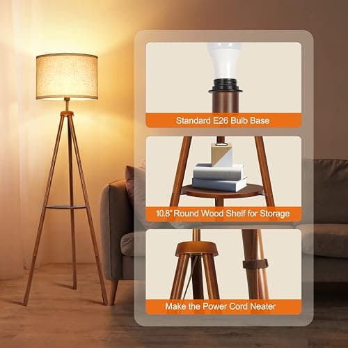 OUTON Tripod Floor Lamp with Shelves, Mid Century Dimmable Wood Floor Lamp with Remote Control, 4 Color Temperatures, Standing Tall Lamp with Linen Shade for Living Room, Bedroom, Office, Walnut thumbnail 3