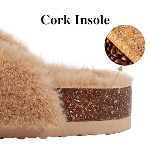 KIDMI Fuzzy Slippers Women with Cork Footbed Fluffy Slides Open Toe Indoor House Shoes | Arch Support | Adjustable Buckles thumbnail 5