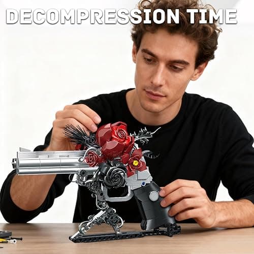GHQYTPR Guns & Petals Decorative Revolver Building Blocks with Red Roses Gothic Rose Revolver Building Kit Gothic Style Display Piece Creative Gift for Adults Teens 631 PCS thumbnail 6