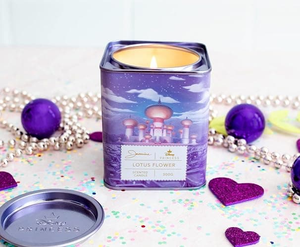 Disney Princess Home Collection Jasmine 11-Ounce Scented Tea Tin Candle with Water Lily Aromatic Fragrance | 28-Hour Burn Time | Home Decor Housewarming Essentials, Cute Gifts and Collectibles thumbnail 5