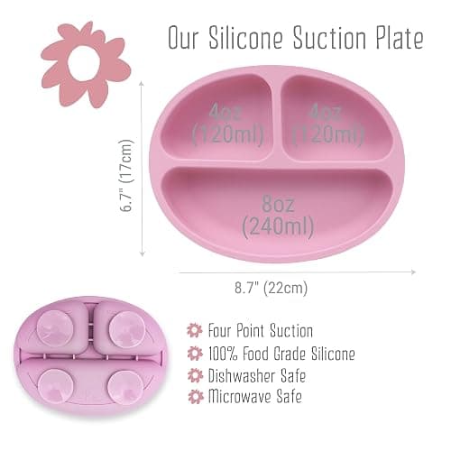 Elk and Friends Silicone Suction Plate for Babies/Toddlers + Stainless Steel Silverware Feeding Set | Divided Plate | Suction Design | Forks + Spoons Included | 3 Pack thumbnail 3