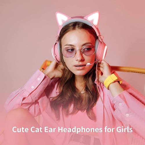 EASARS Pink Gaming Headset GS510, Wired, Over Ear, Cat Ear Design with RGB Lighting, 7.1 Surround Sound, Retractable Mic, Compatible with PC, PS4, PS5 thumbnail 6