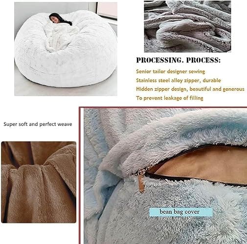 Flyhug Giant Fur Bean Bag Chair for Adult Living Room Furniture Big Round Soft Fluffy Faux Fur BeanBag (No Padding) Lazy Sofa Bed Cover(Color:Black,Size:7ft) thumbnail 4