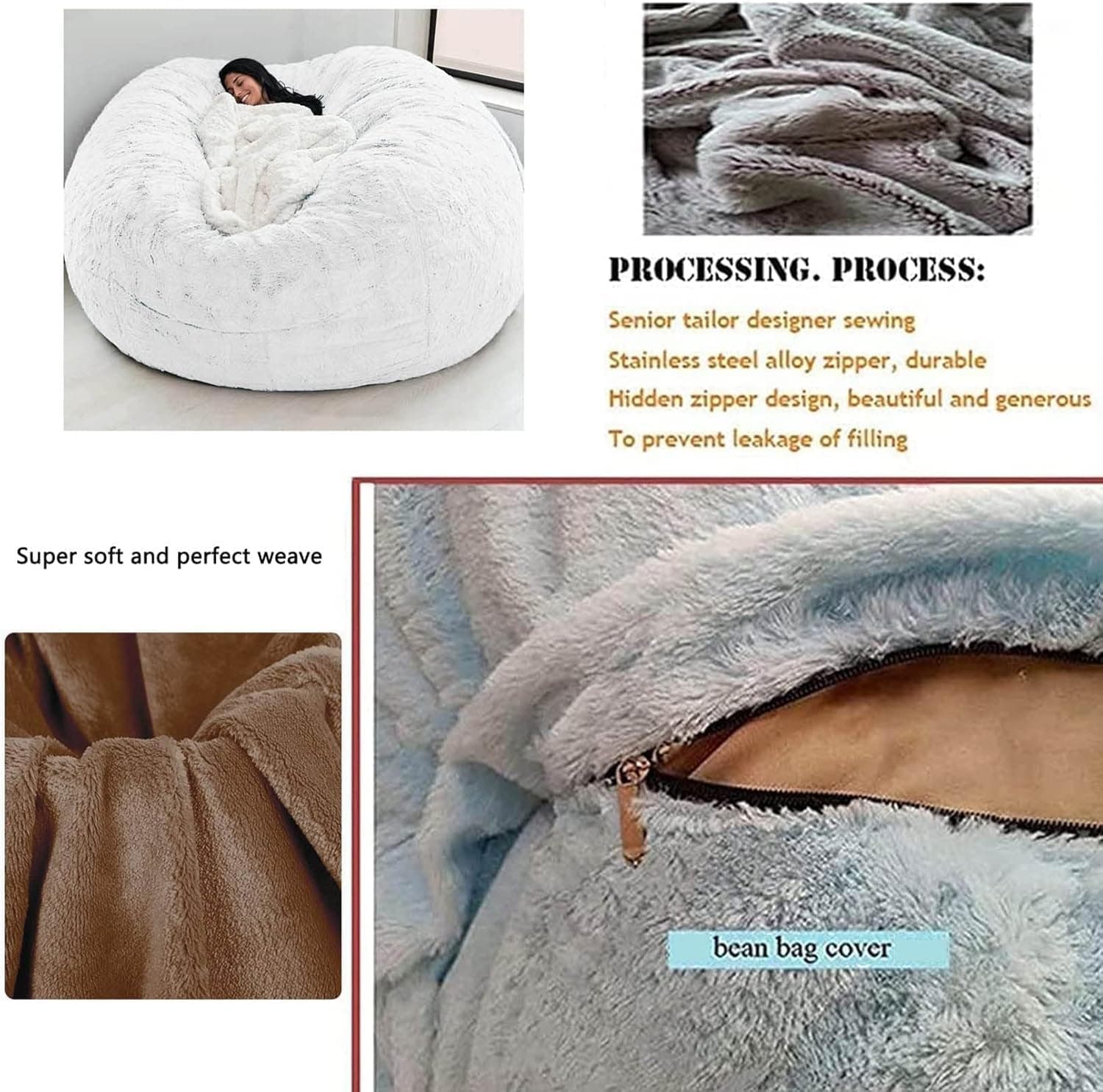 Giant Fur Bean Bag Adult Chair Living Room Furniture Large Round Soft Fluffy Faux Fur Bean Bag (No Padding) Lazy Bed Cover (Color:Black,Size:1.5m) thumbnail 4