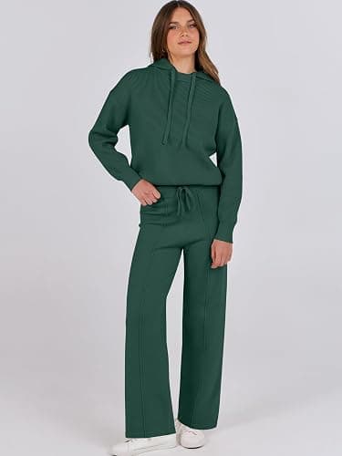 ANRABESS Women 2 Piece Outfits Sweater Sets Loose Long Sleeve Hoodies Knit Pullover Wide Leg Pants 2025 Fall Lounge Sweatsuit thumbnail 3
