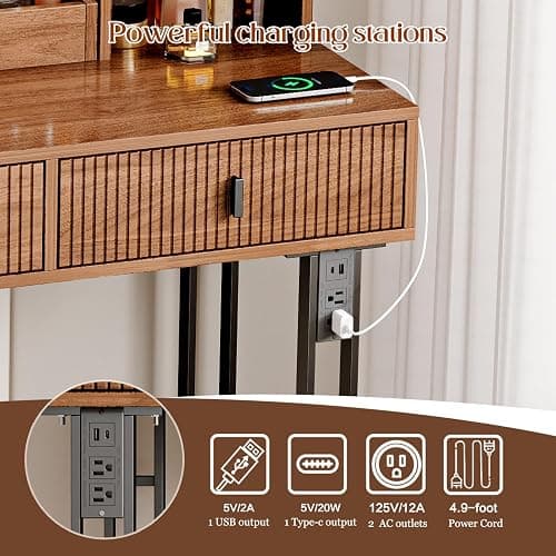 Large Vanity Desk with 3 Color Touch Screen Dimming Mirror, Vanity Desk with Charging Station, Modern Retractable Makeup Dressing Table, Makeup Table With storage shelves and 5 Sliding Drawers, Walnut thumbnail 4