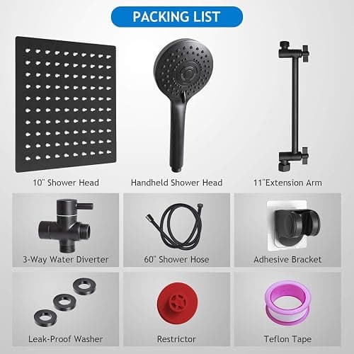 Shower Head Combo,10 Inch High Pressure Rain Shower Head with 11 Inch Adjustable Extension Arm and 5 Settings Handheld Powerful Shower Spray Against Low Pressure Water - Matte Black thumbnail 7